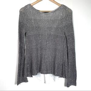 White House metallic gray cable knit crew sweater w faux undershirt size small S